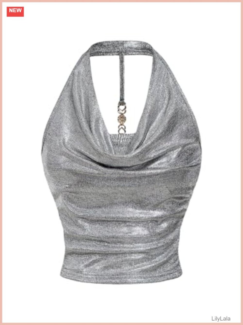 Metallic Halter Crop Top Cowl Neck Ruched Backless Party Club Top